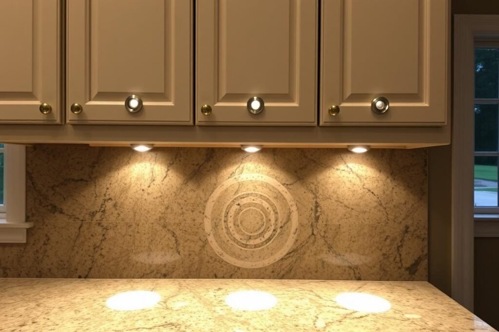 puck lights installed under kitchen cabinets
