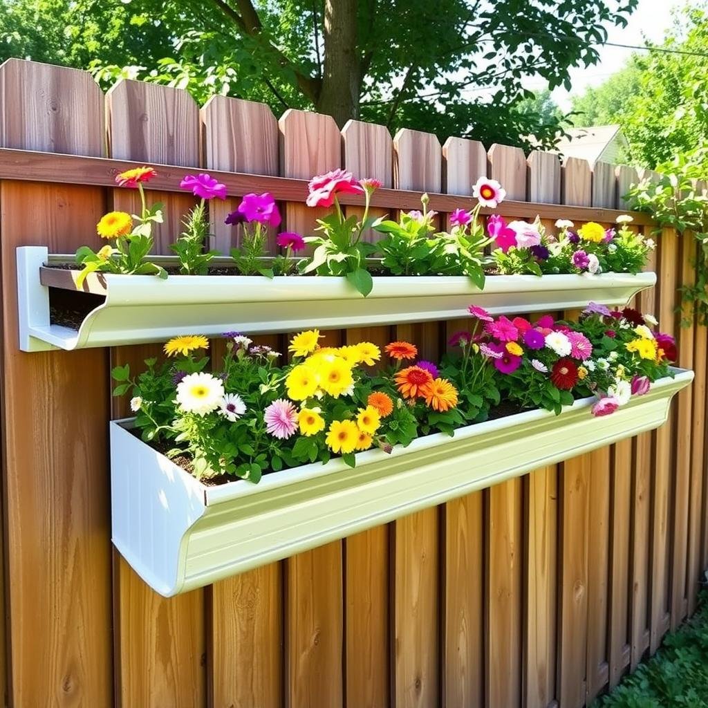 rain gutter planters mounted horizontally on fence with flowers