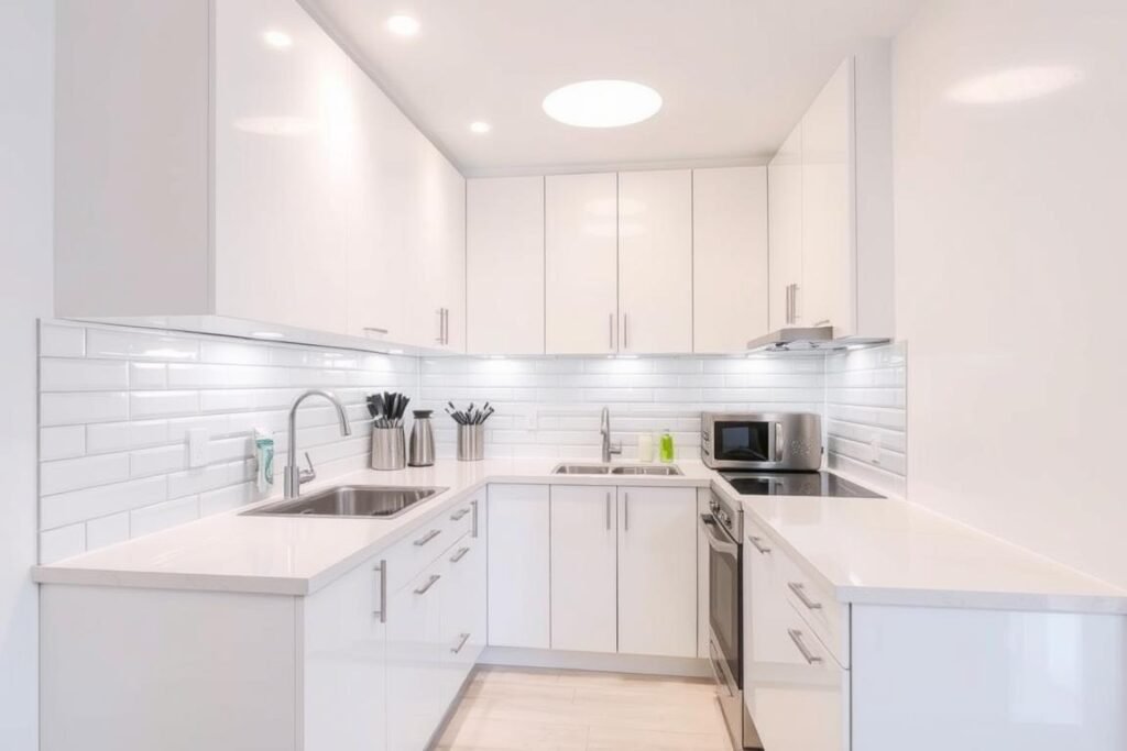 reflective surfaces amplifying light in small kitchen