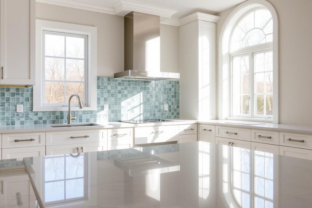 reflective surfaces in kitchen amplifying natural light