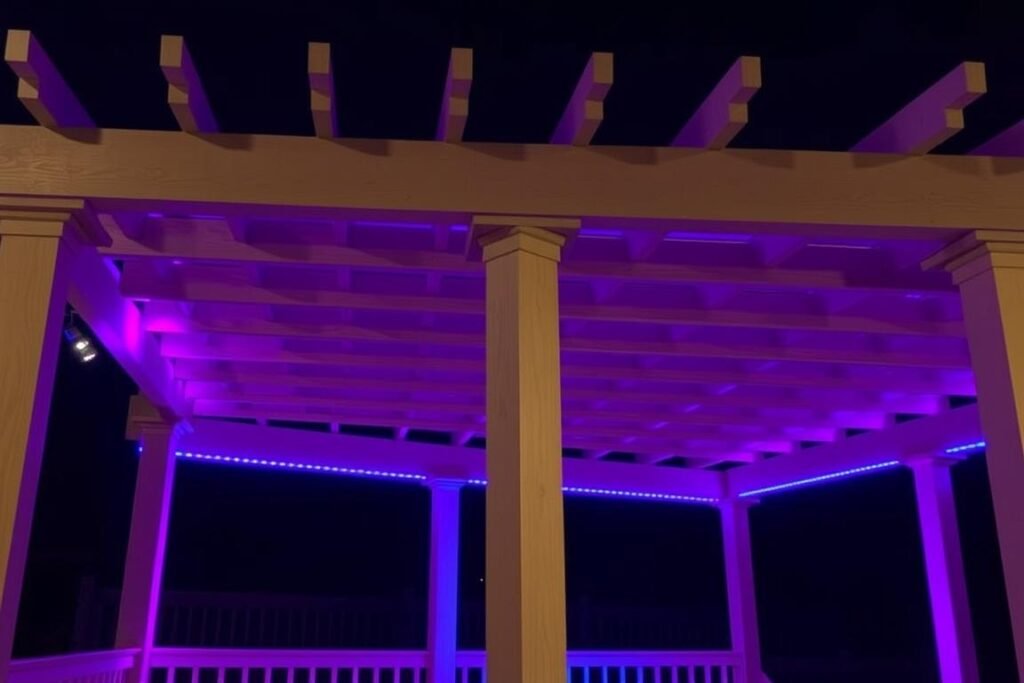 rgb led strips outlining deck pergola