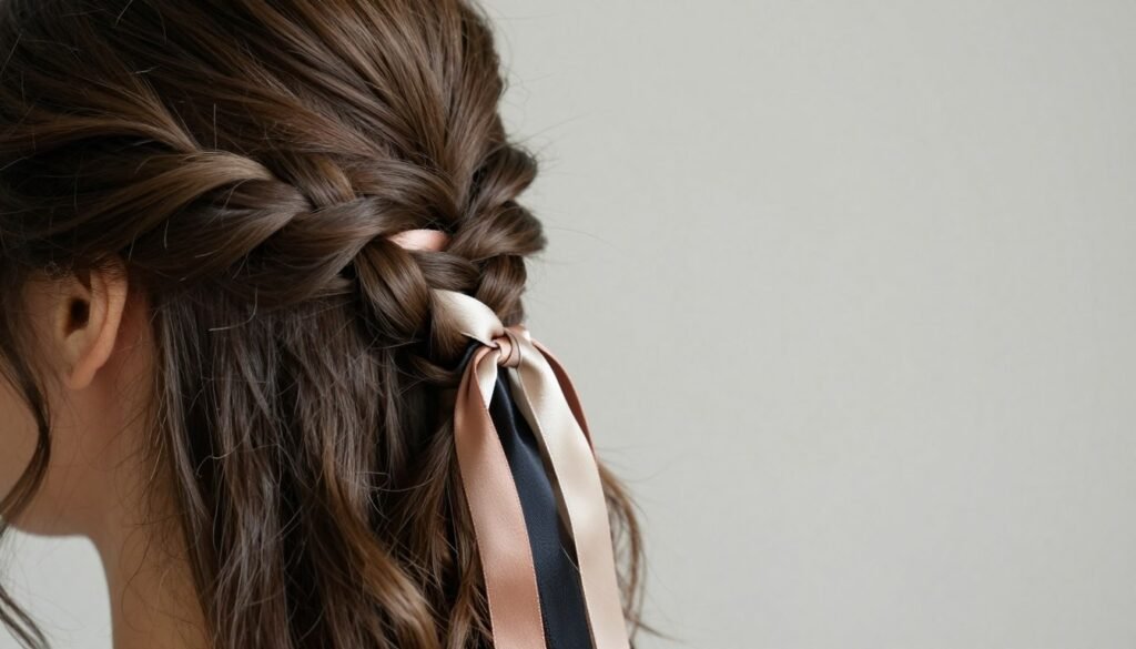 ribbon woven through braid wedding guest hairstyle