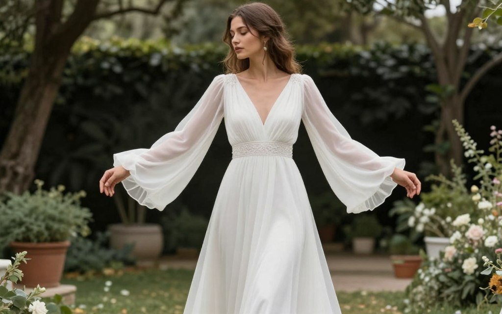 romantic dress with flowing bell sleeves