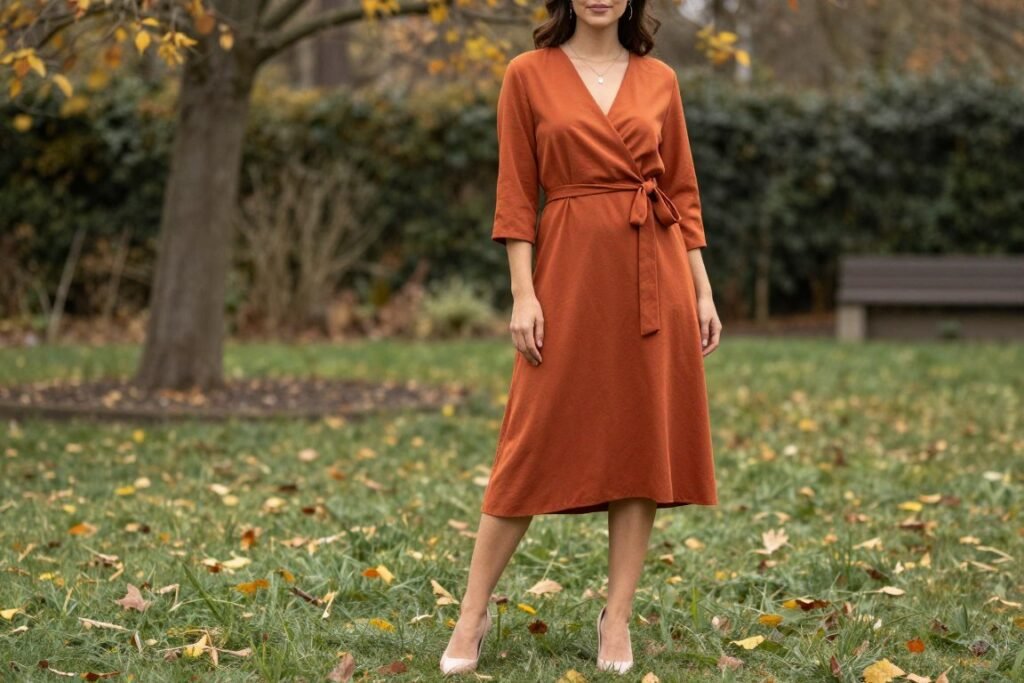 rust orange wrap midi dress for autumn wedding guest outfit