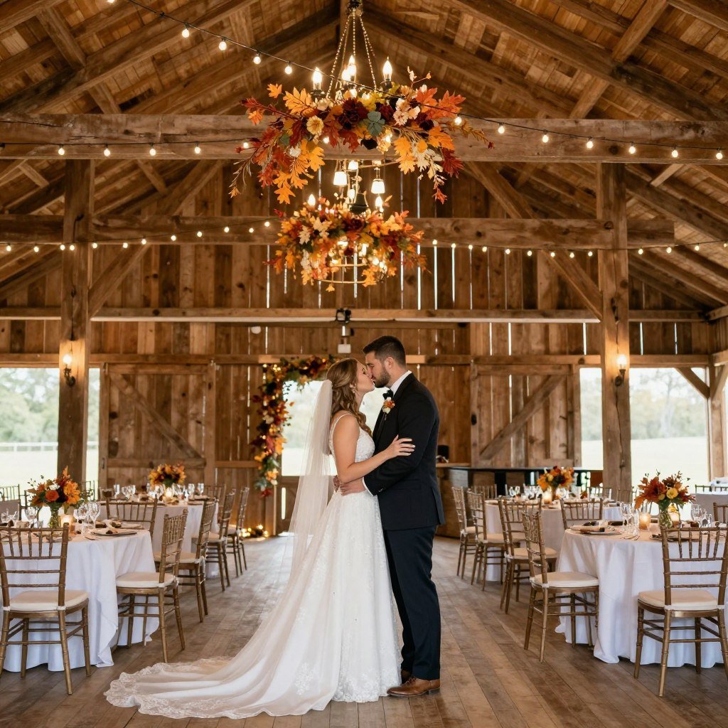 rustic barn venue decorated for wedding