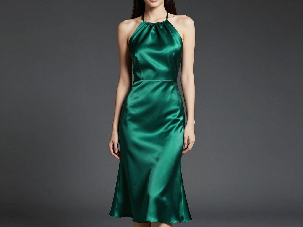 satin halter midi dress in emerald green