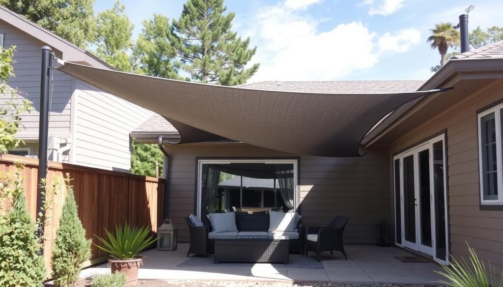 shade sail canopy installed over small patio creating covered area