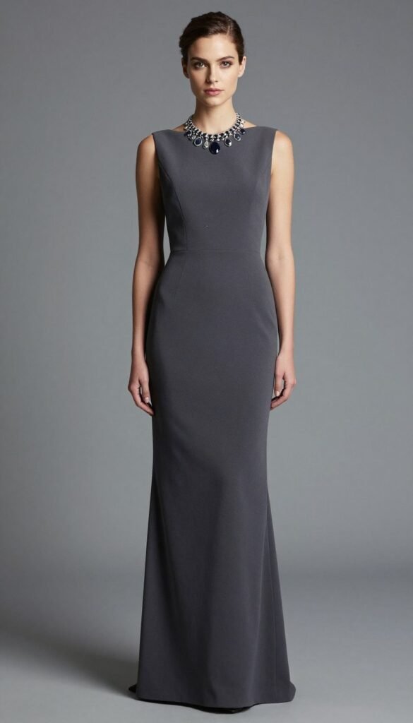 sheath gown in charcoal grey