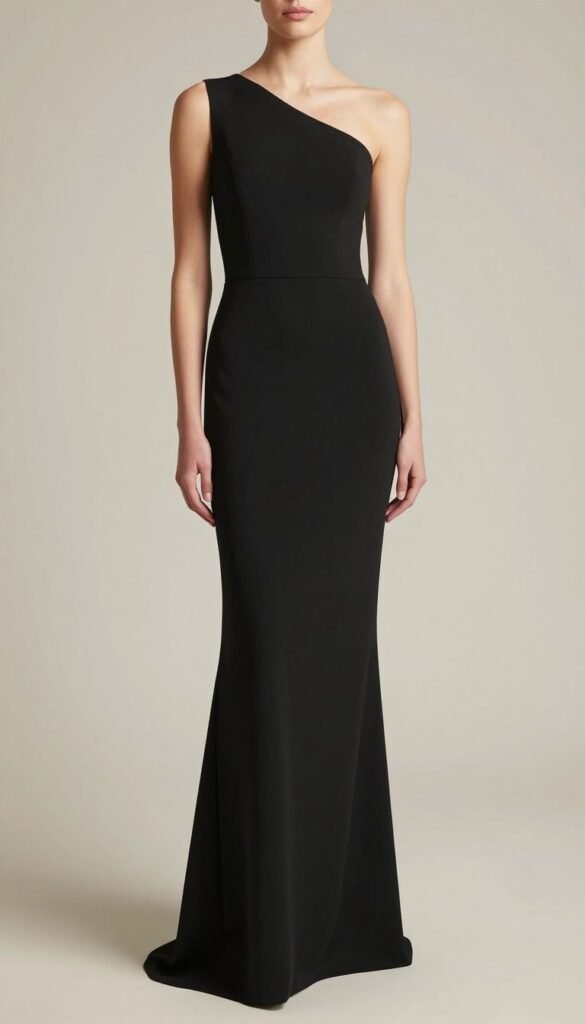 sheath gown in classic black with modern neckline