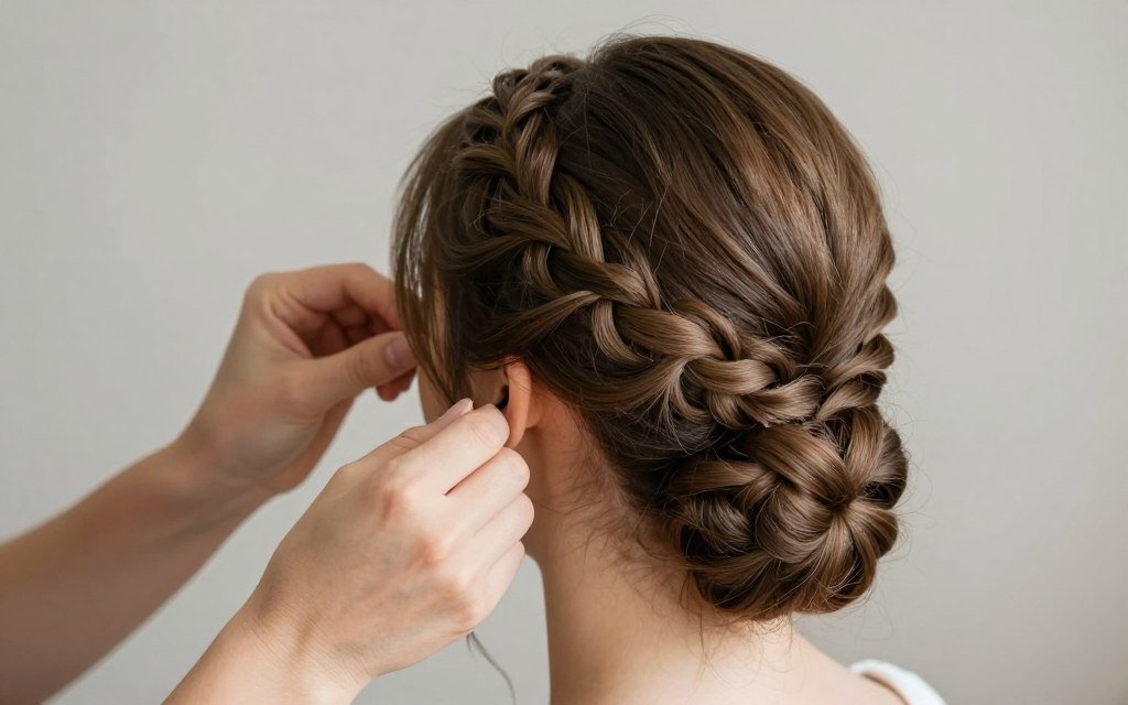 side braid into low bun wedding guest hairstyle