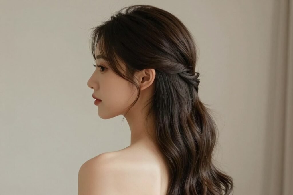 side swept wedding guest hairstyle long hair
