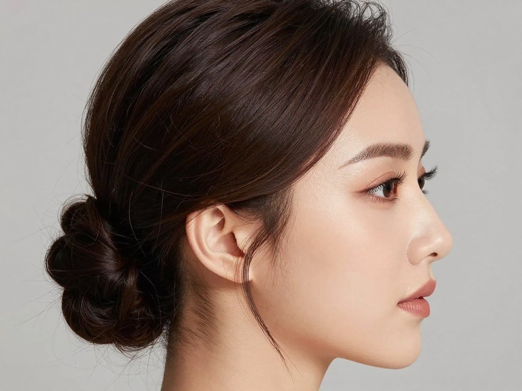 side view showing coordinated hair and makeup detail