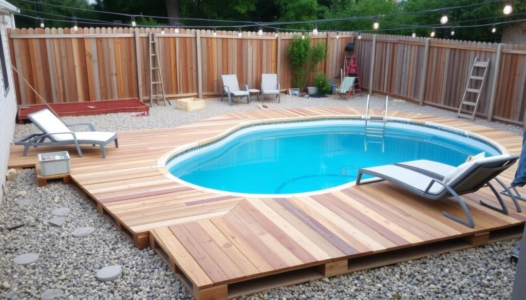 simple pool area with pallet deck and gravel landscaping simple pool area with pallet deck and gravel landscaping