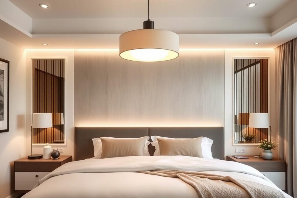 single pendant light centered over bed