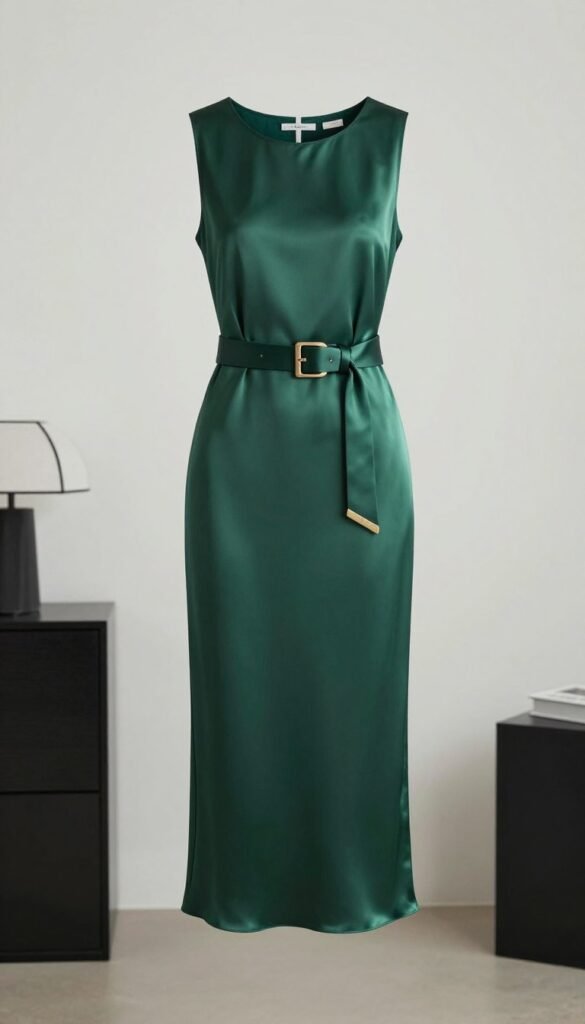 sleek column midi dress in forest green