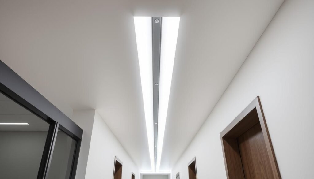 sleek linear LED light fixture mounted in modern hallway ceiling
