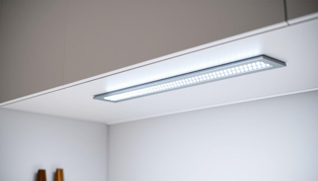 slim LED light bar mounted under cabinet with aluminum housing