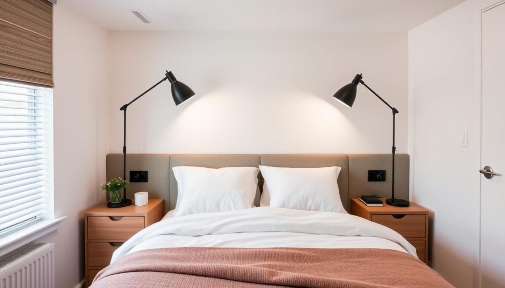 small bedroom with space-saving wall mounted lighting