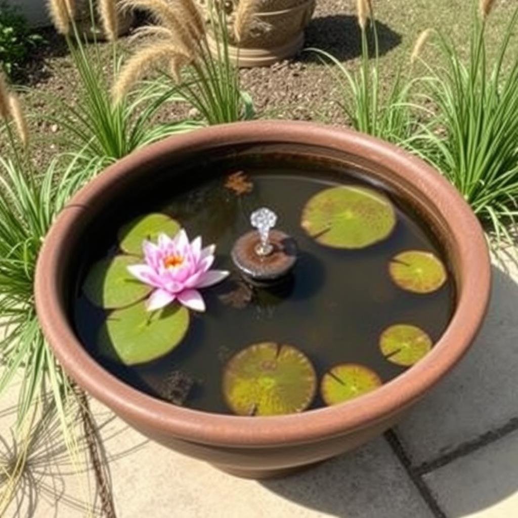 small container water garden with water lily and fountain