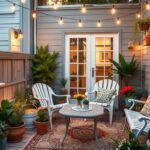 small patio decorated with budget-friendly DIY elements including string lights, potted plants, and comfortable seating
