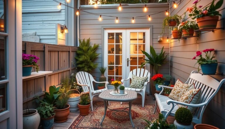 small patio decorated with budget-friendly DIY elements including string lights, potted plants, and comfortable seating