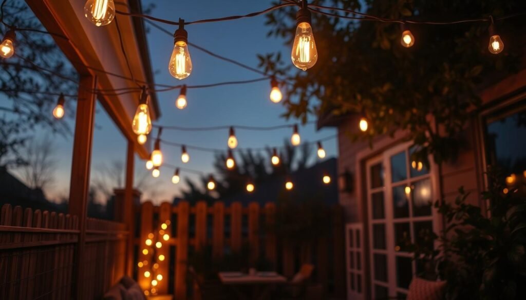 small patio illuminated with warm string lights overhead creating cozy atmosphere