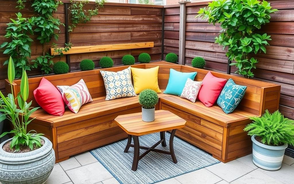 small patio with built-in corner bench seating with colorful cushions