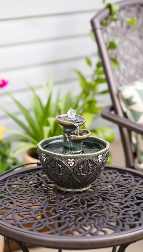 small tabletop fountain on outdoor side table creating peaceful atmosphere