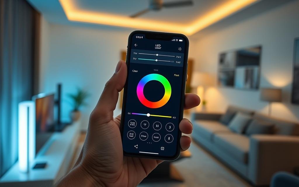 smart home control showing LED strip light color and brightness adjustment interface smart home control showing LED strip light color and brightness adjustment interface