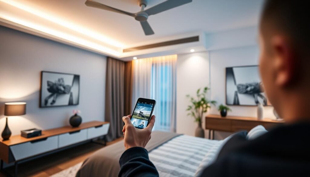 smart lighting control in modern bedroom