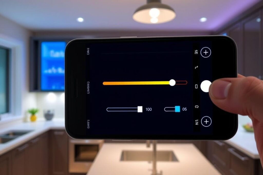 smartphone app controlling LED cabinet light color and brightness