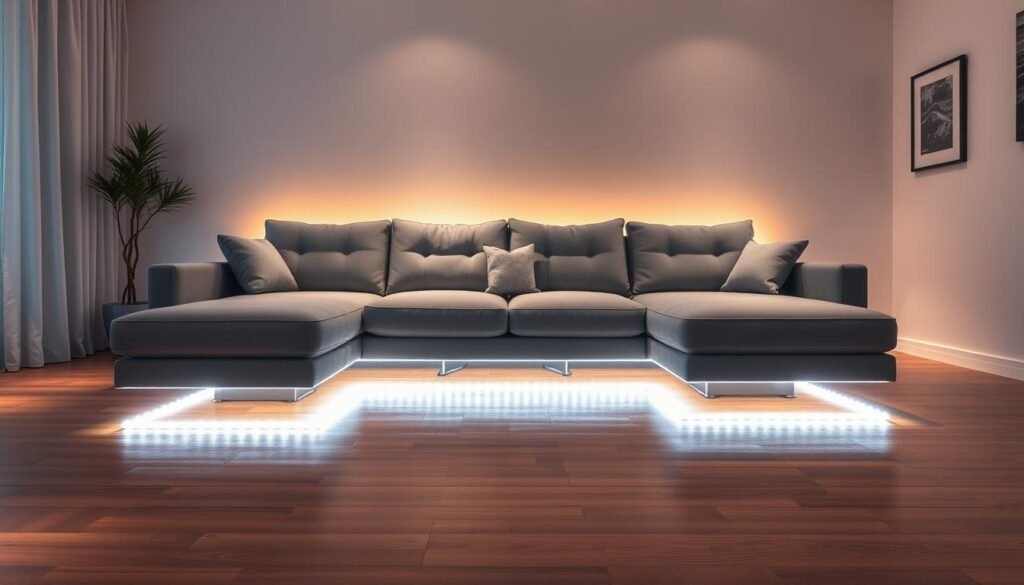 sofa with LED strip lights underneath creating floating effect in modern living room sofa with LED strip lights underneath creating floating effect in modern living room