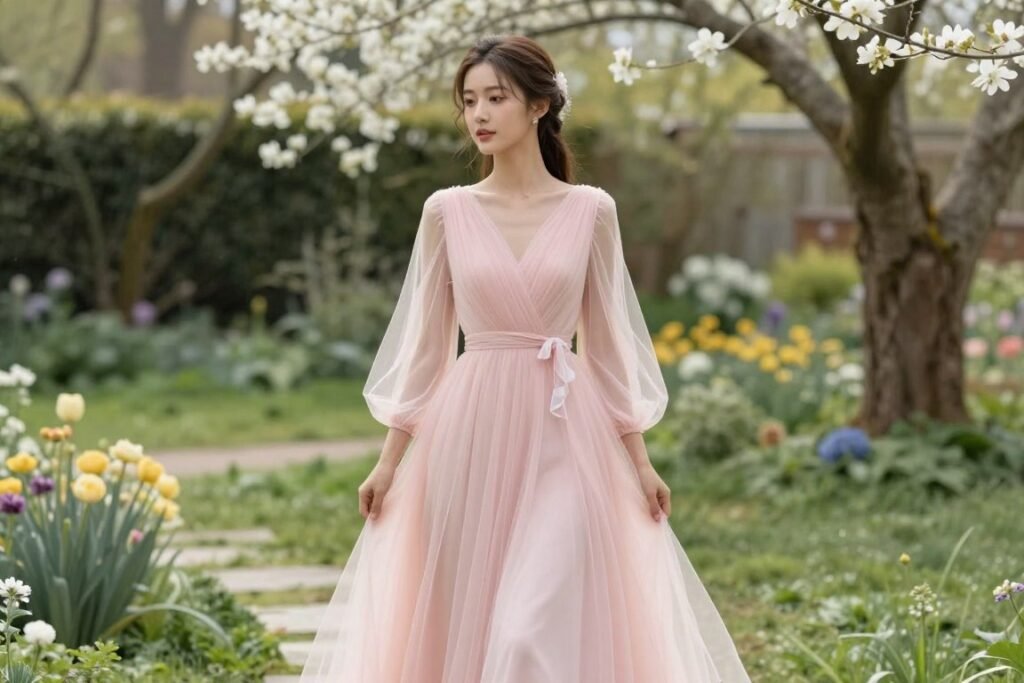 soft blush pink long sleeve dress for spring wedding