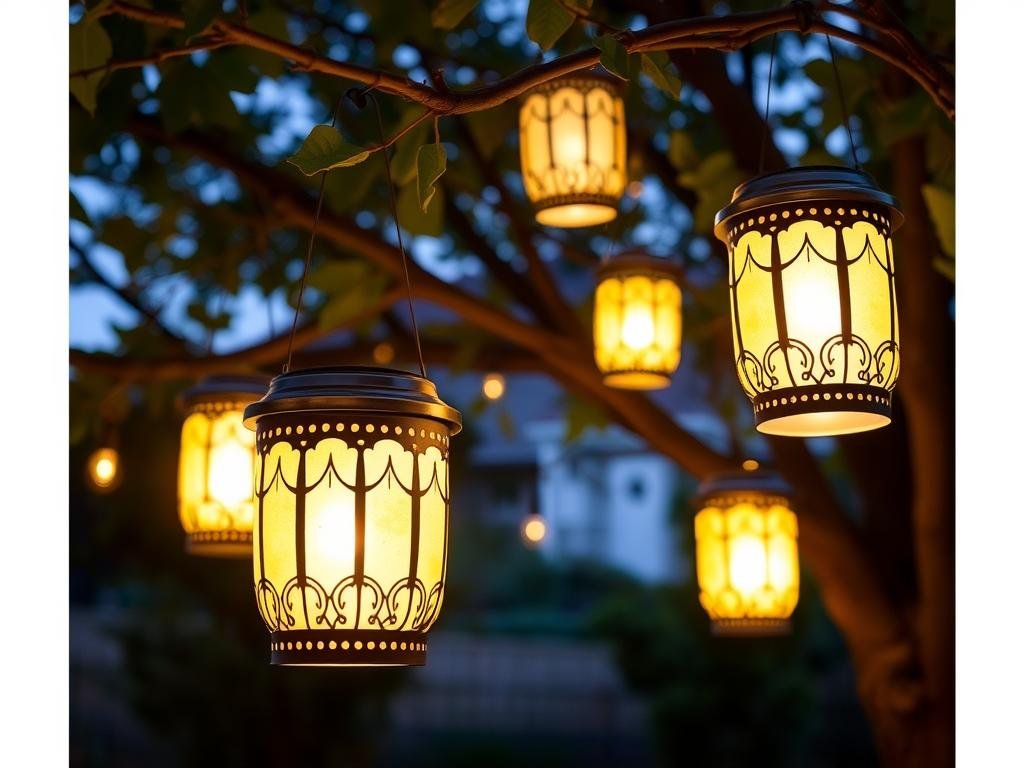 solar lanterns hanging from tree branches