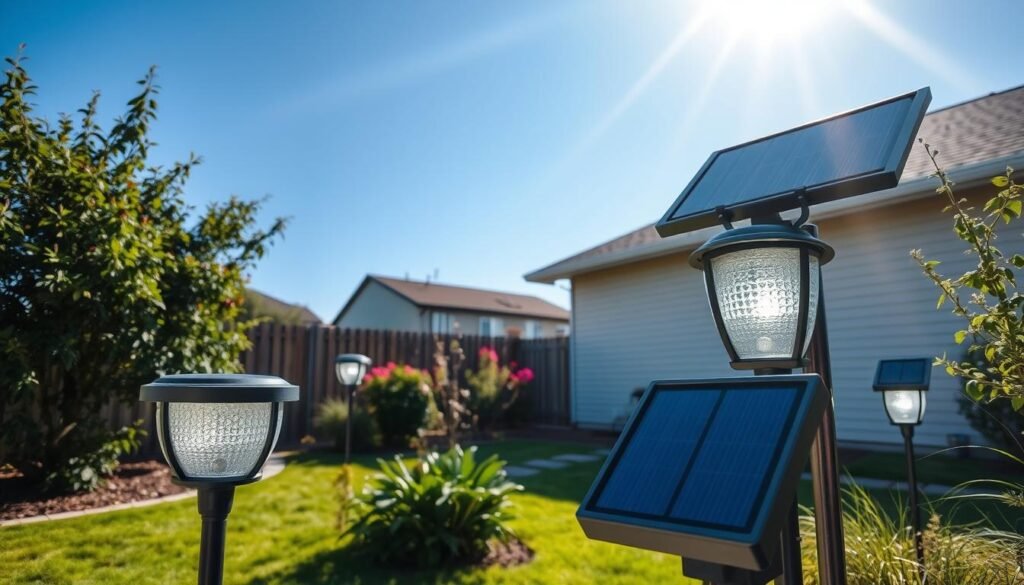 solar lights charging in sunny backyard during day