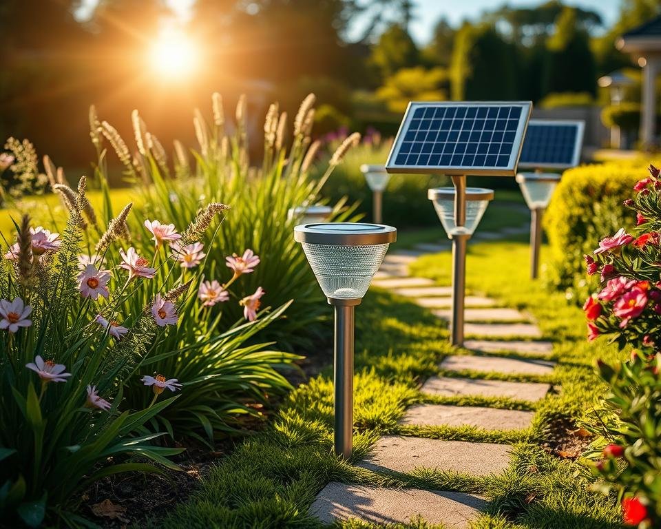 solar panel pathway lights in garden during day charging