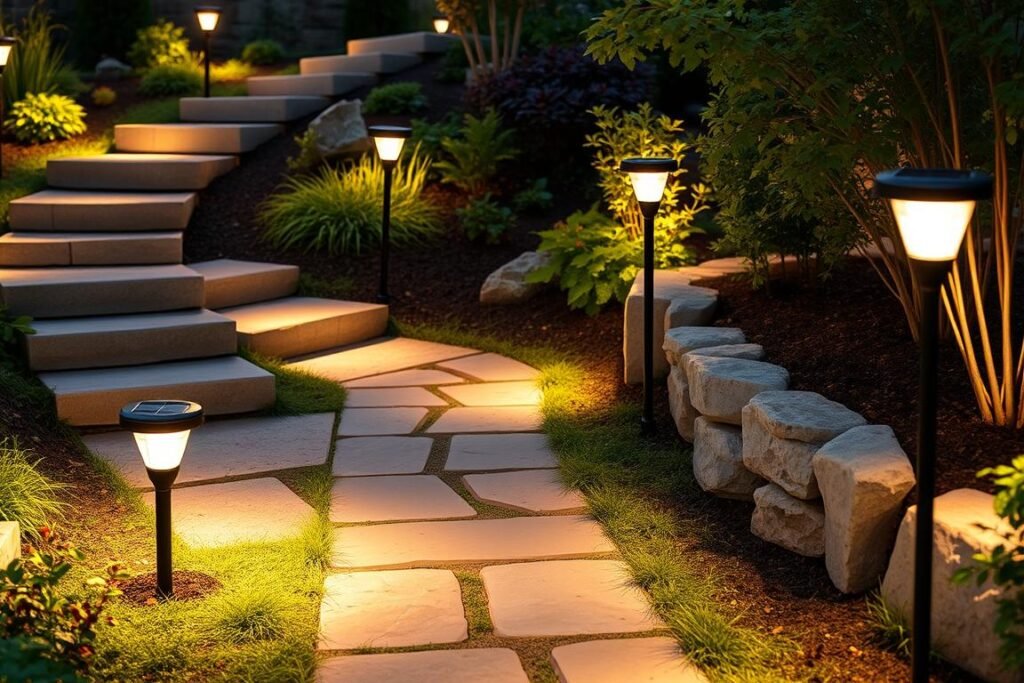 solar path lights along stone pathway through garden
