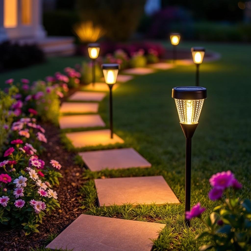 solar pathway lights along garden border