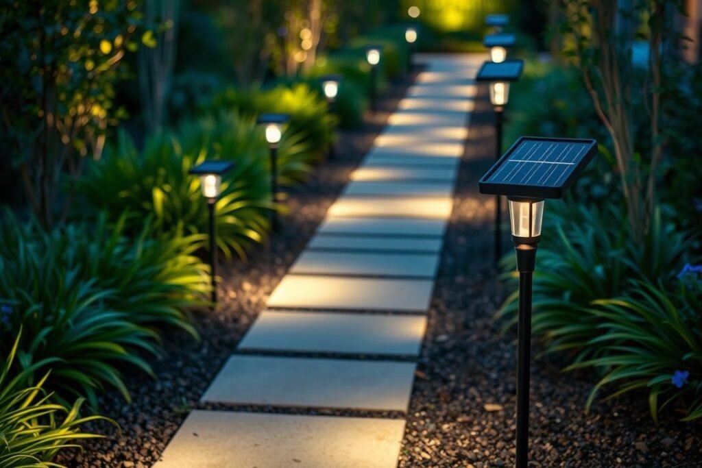 solar powered outdoor ambient led lighting in garden pathway solar powered outdoor ambient led lighting in garden pathway