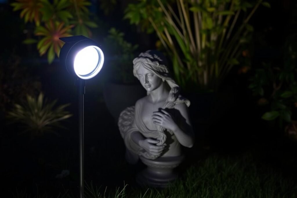 solar spotlight illuminating garden statue
