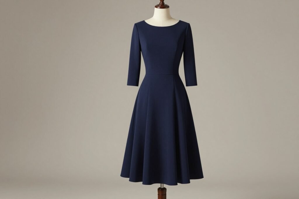 sophisticated midi dress in navy for wedding guest