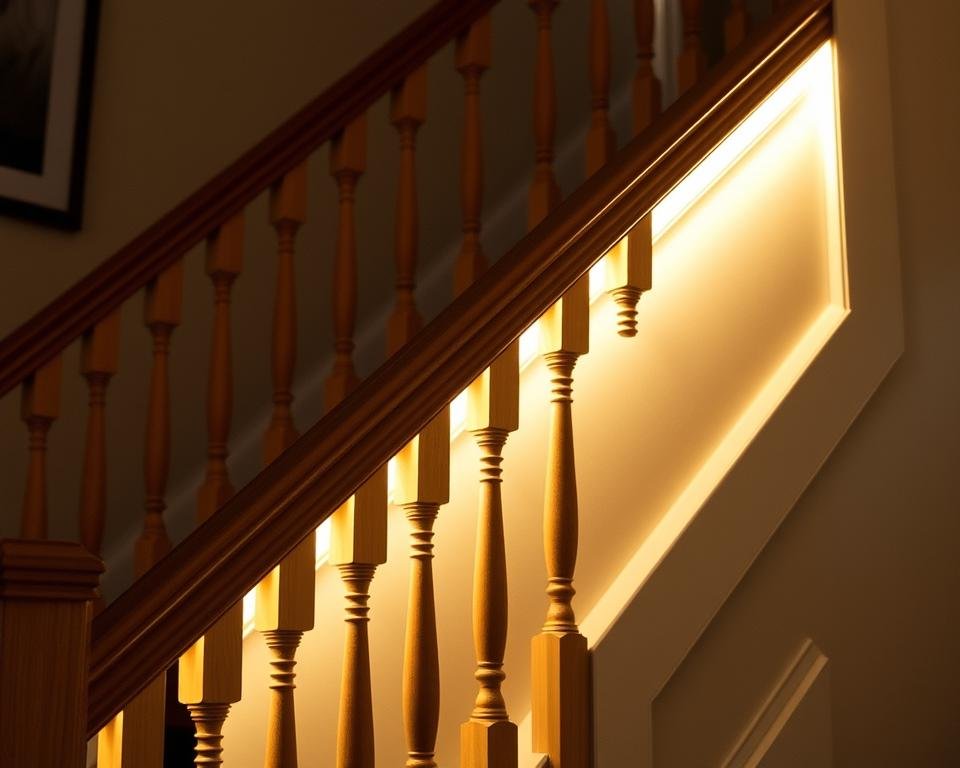 staircase railing with integrated LED strip lighting along handrail staircase railing with integrated LED strip lighting along handrail