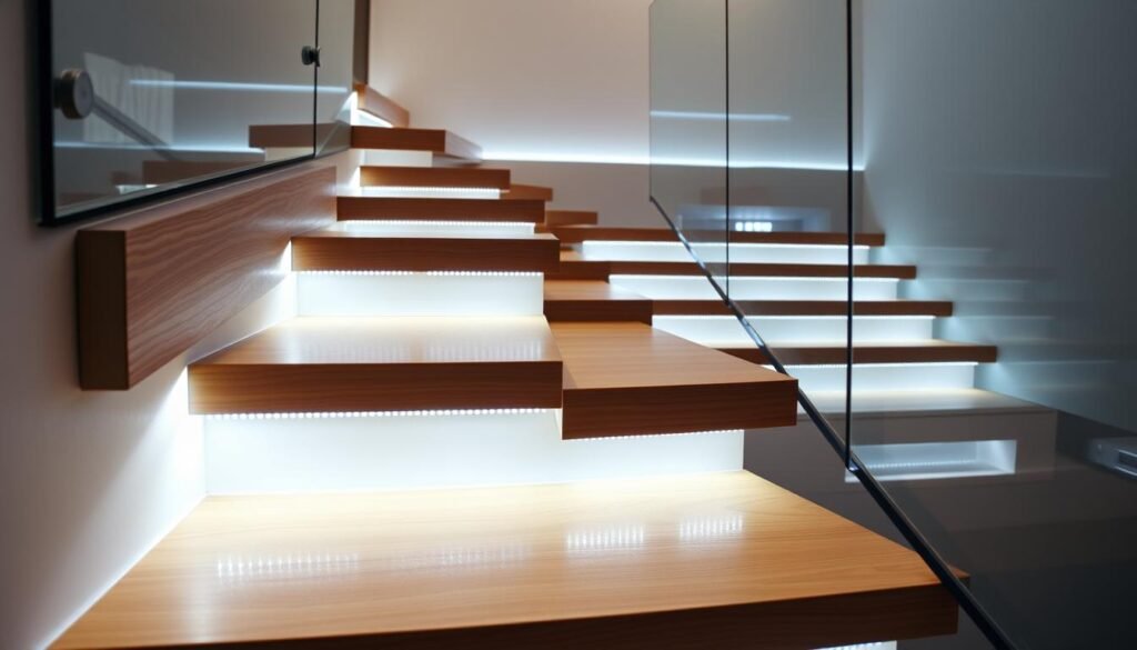 staircase with LED strip lights under each step creating safety and ambiance staircase with LED strip lights under each step creating safety and ambiance