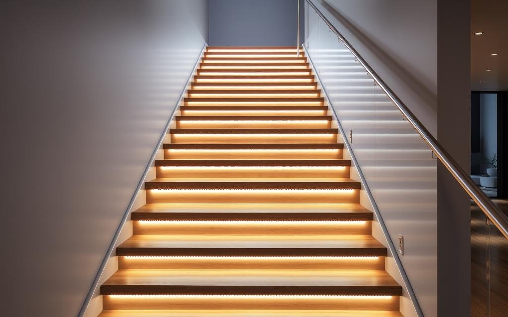 staircase with alternating step LED lighting creating dynamic pattern staircase with alternating step LED lighting creating dynamic pattern