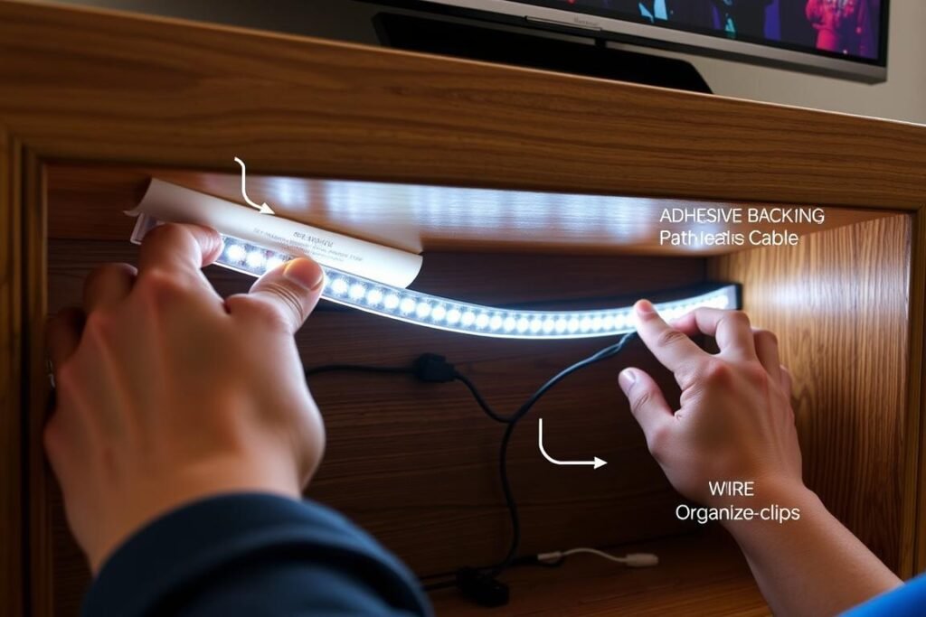 step-by-step LED strip installation process behind media console showing adhesive backing and wire management step-by-step LED strip installation process behind media console showing adhesive backing and wire management
