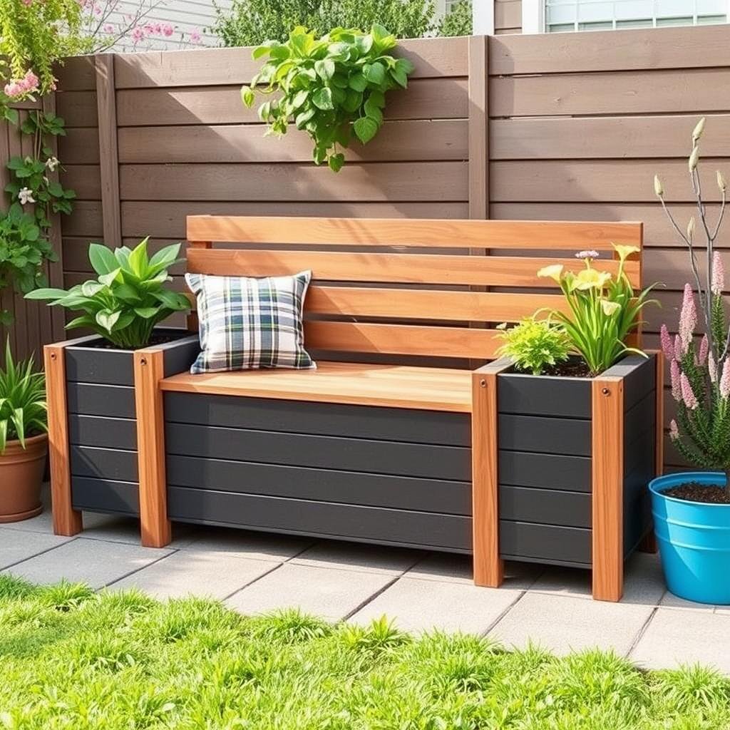 storage bench with built-in planters on sides