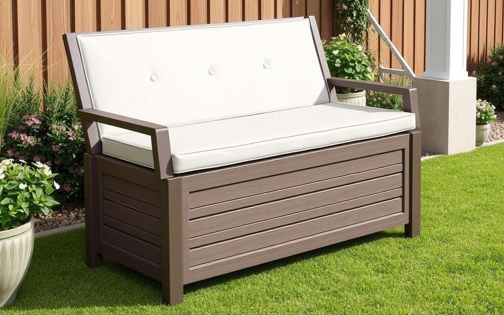 storage bench with cushion top serving dual purpose on patio