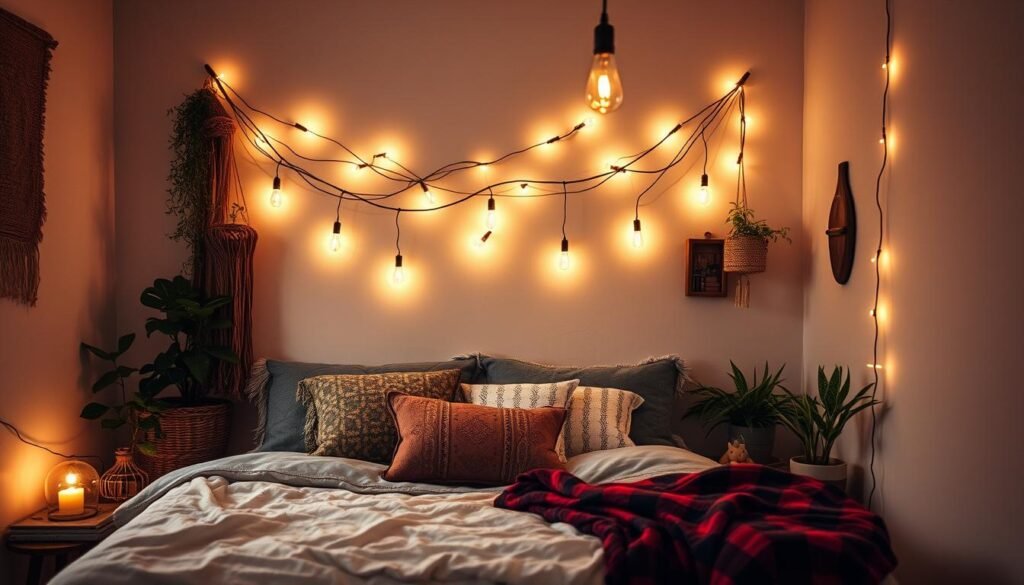 string lights creating ambiance in bohemian bedroom