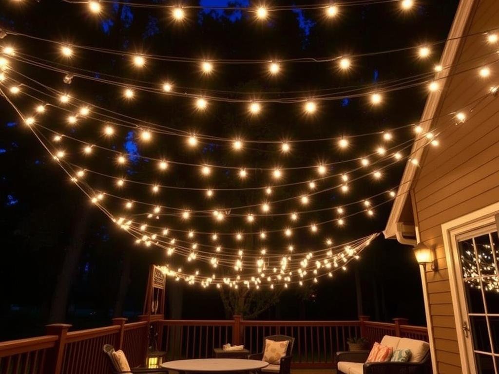 string lights creating canopy effect over backyard deck