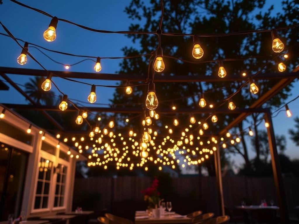 string lights creating warm glow over outdoor dining area string lights creating warm glow over outdoor dining area